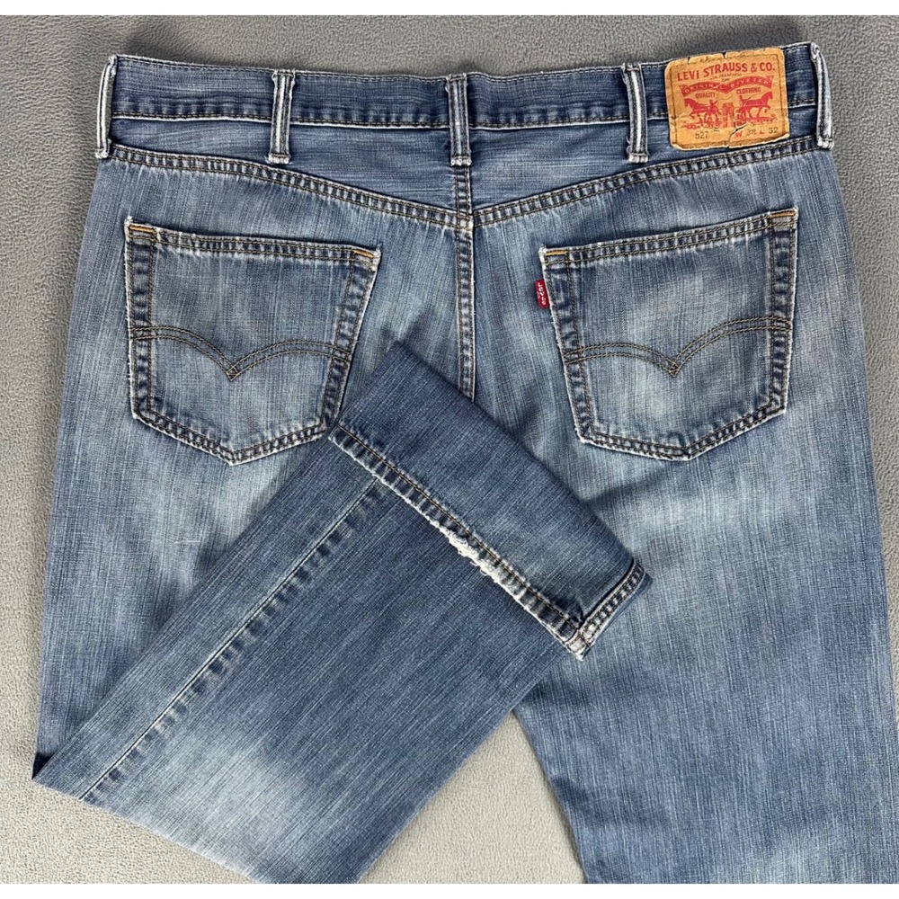 Levis 527 Jeans Mens 38x32 Blue Distressed Slim Bootcut Western Cowboy Denim